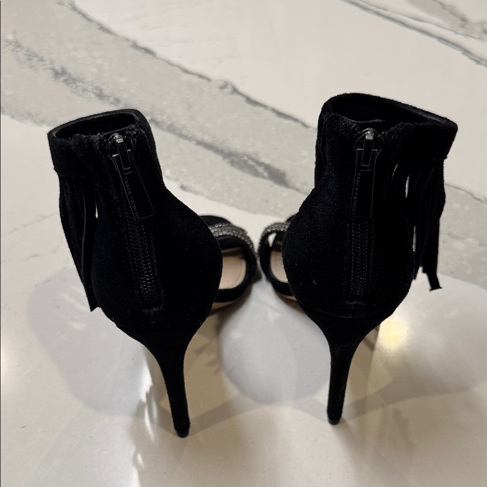 Vince Camuto Black Fringe Heels with Silver Accents Size 8.5 3” Heel - Picture 5 of 7